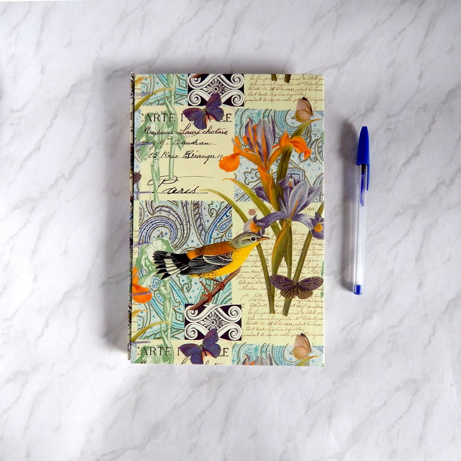 Bird and Iris Sketchbook, Journal A5 hard cover notebook. Gifts for women. 