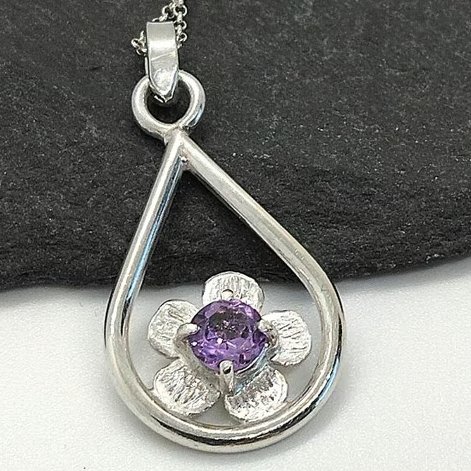Amethyst raindrop pendant sterling silver hallmarked february birthstone