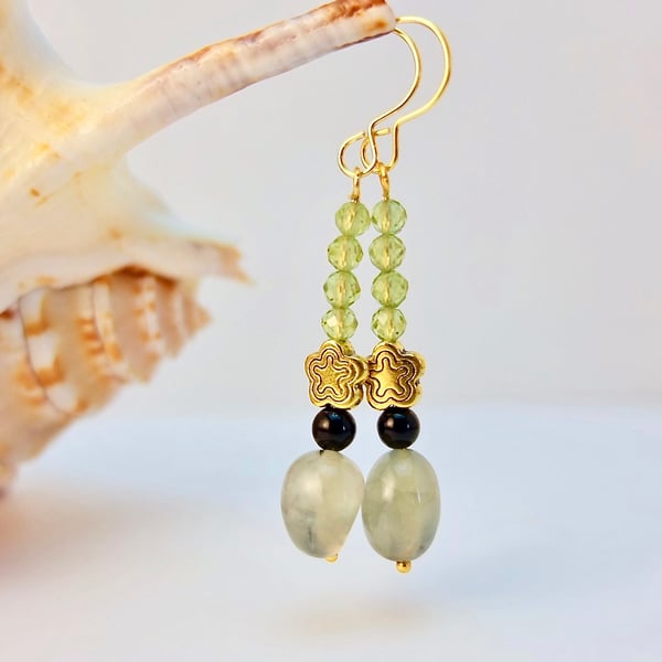 AAA Grade Peridot, Prehnite And Onyx Earrings - Free UK Delivery