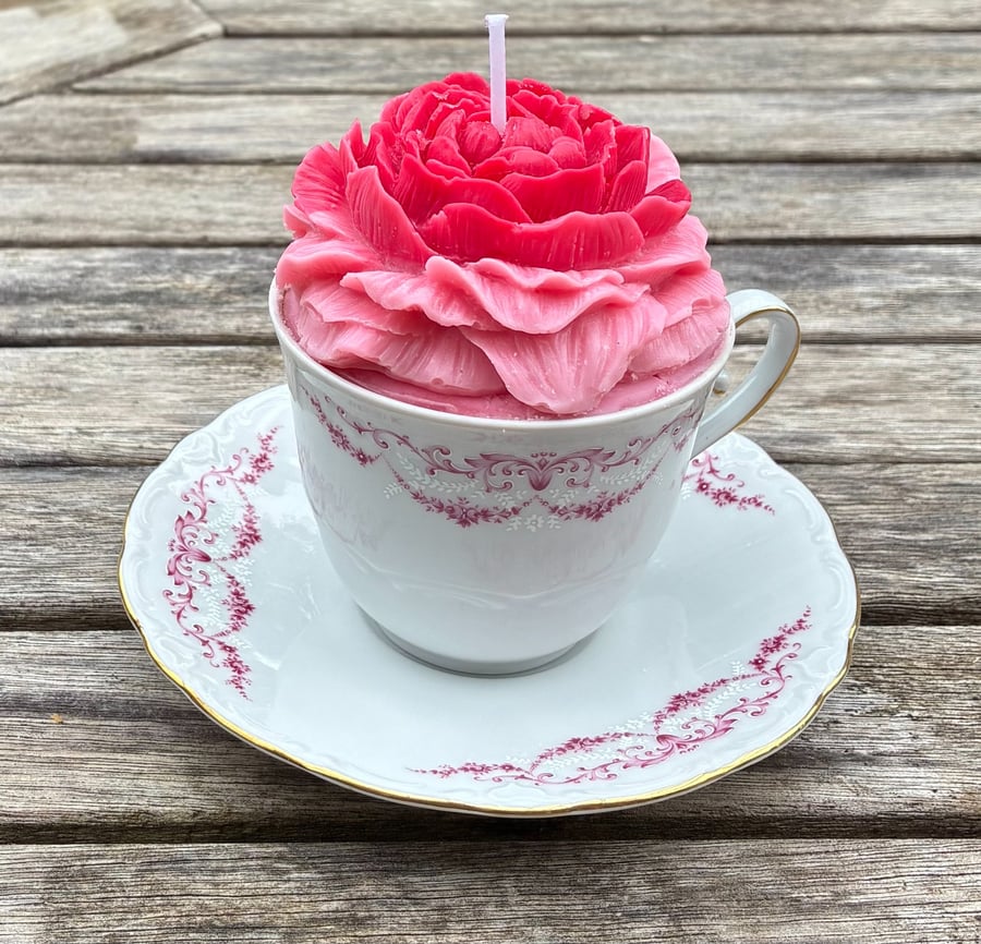 Rose Soy Candle in Tea Cup with Saucer - Clean and Unscented