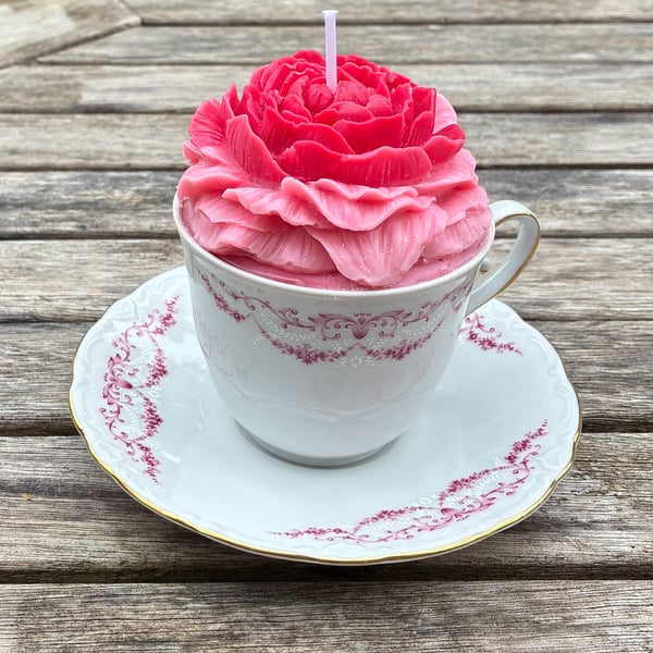 Rose Soy Candle in Tea Cup with Saucer - Clean and Unscented