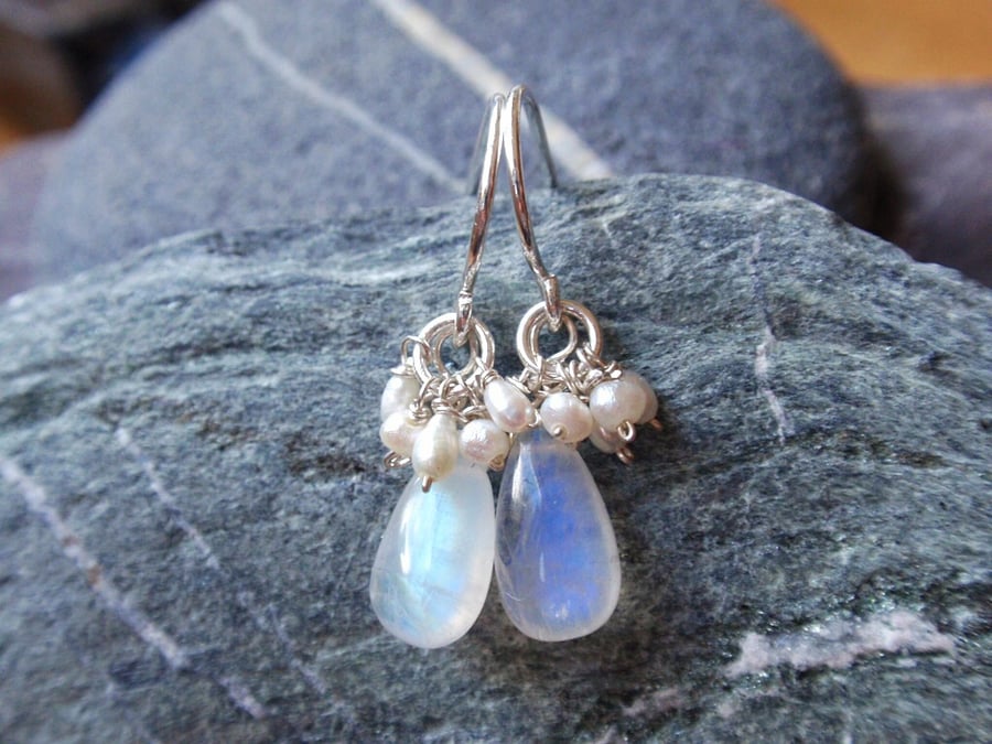 Moonstone and freshwater pearl cluster earrings, pretty bridal jewellery