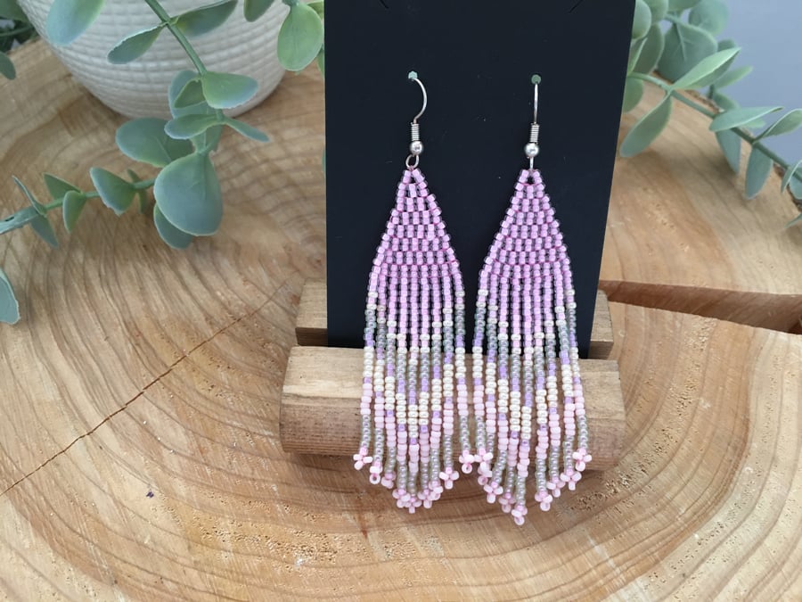 Earrings,  beaded fringe statement earrings, dangle earrings