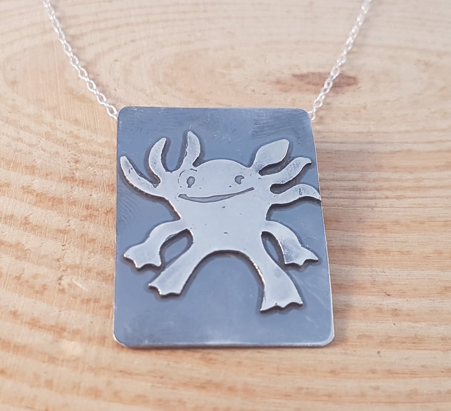 Sterling Silver Etched Axolotl Necklace