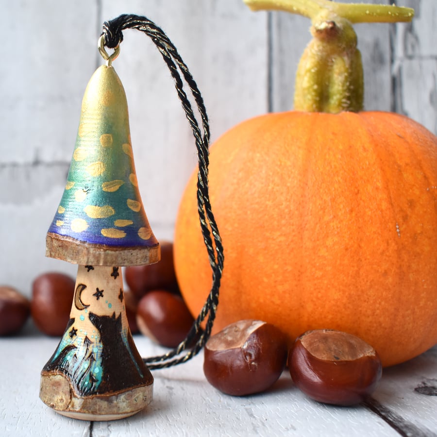 Fox silhouette tree decoration. Pyrography hanging toadstool gift.