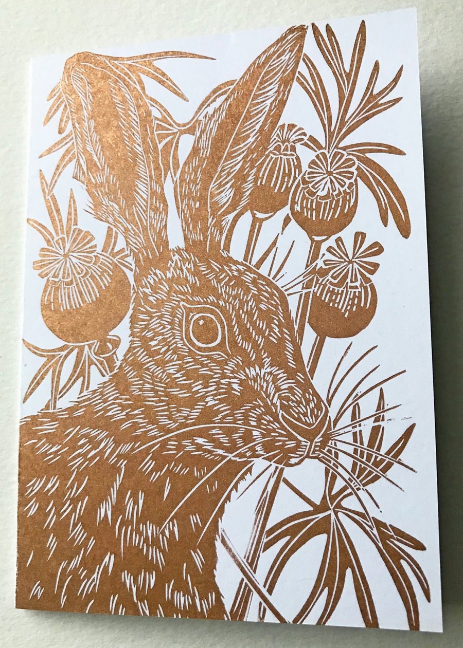 Pack of two Hare and Wildflowers linoprint cards