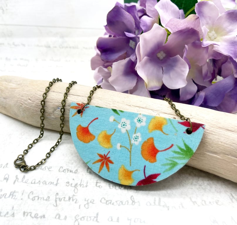 Japanese foliage fabric and wood statement necklace