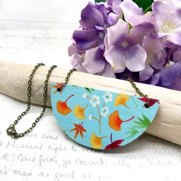 Japanese foliage fabric and wood statement necklace