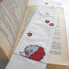 fabric bookmark - red free motion & hand embroidered zombie hedgehog