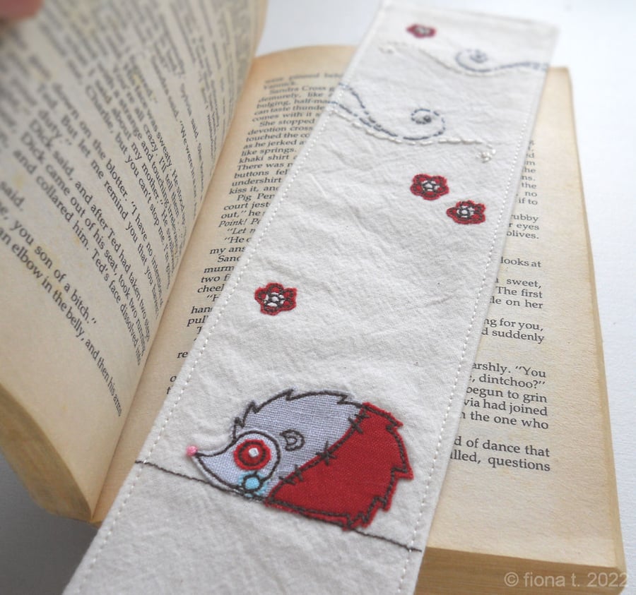 fabric bookmark - red free motion & hand embroidered zombie hedgehog