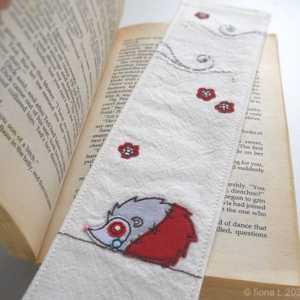 fabric bookmark - red free motion & hand embroidered zombie hedgehog