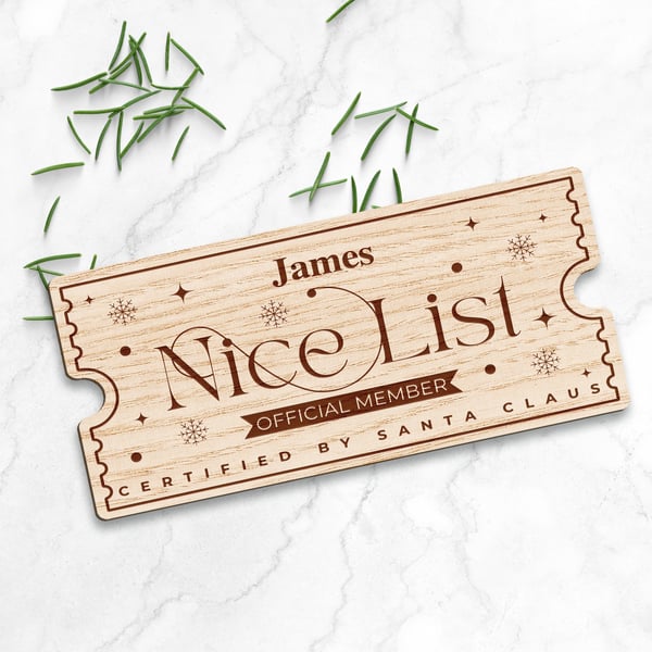 Nice List Ticket - Snowfakes: Personalised Santa's Nice List Wooden Certificate