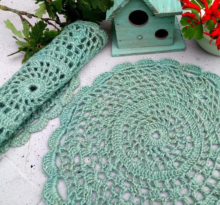 Crochet pale jute turquoise color round placemat handmade table mathome decor