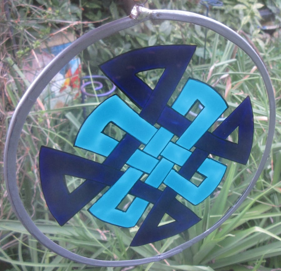 Suncatcher - Celtic knot cross in dark blue and turquoise - large
