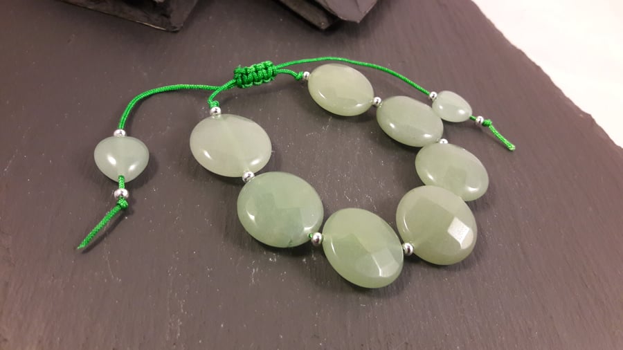 Faceted Green Aventurine Coins on Green Cord Adjustable Bracelet