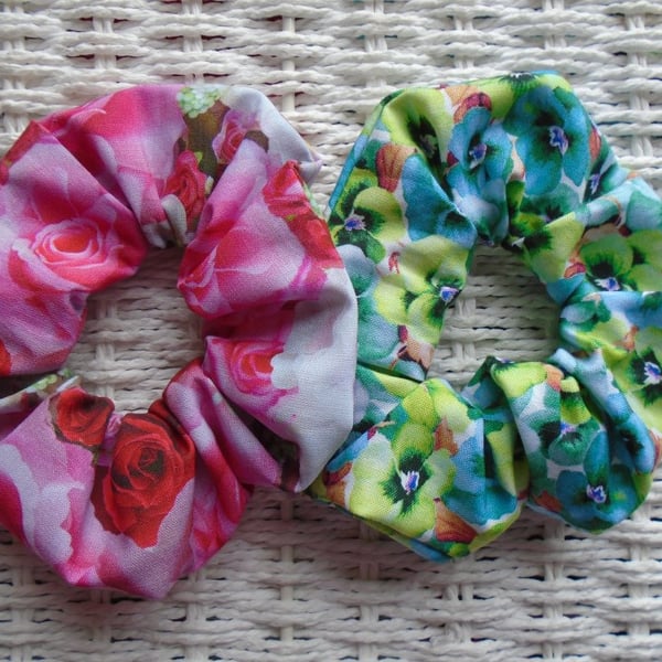 Pack of 2  Hair Scrunchies Roses & Pansies 