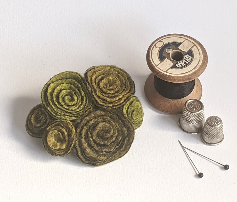Large vintage inspired felted flowers brooch in shades of olive