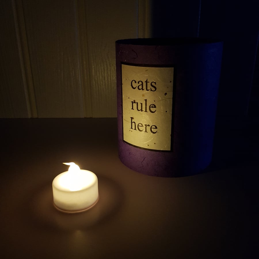 "Cats Rule Here" lantern with LED candle