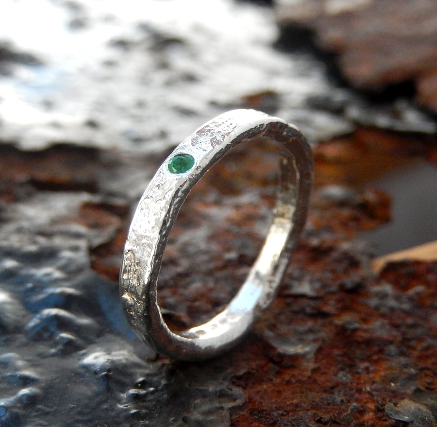 Sterling Silver Natural Emerald Ring, Handmade Urban Design Jewellery