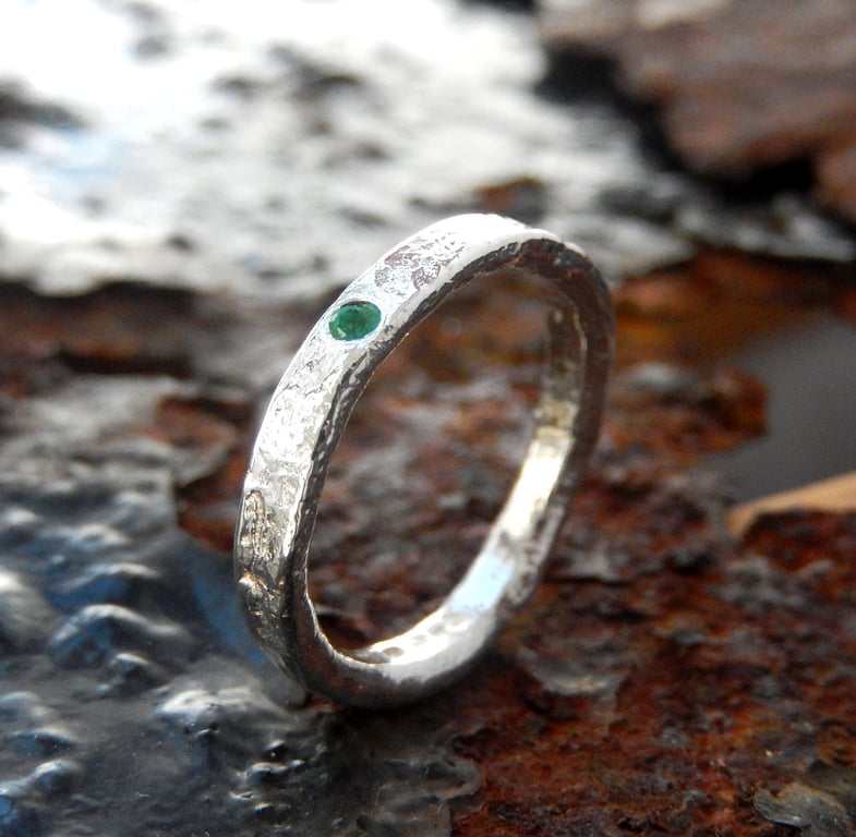 Sterling Silver Natural Emerald Ring, Handmade Urban Design Jewellery