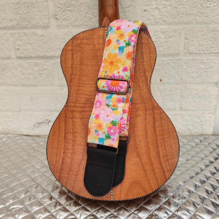  2 inch Wide Handmade ukulele neck strap in pretty, bright florals