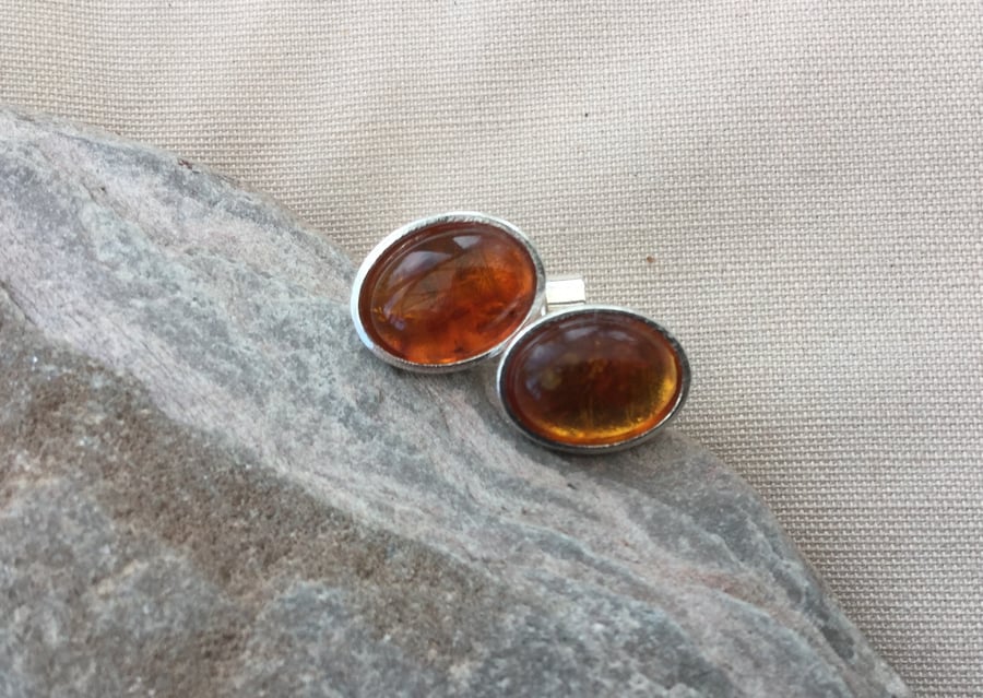 Sterling silver Oval Stud Earrings with Amber Cabochons,  E114