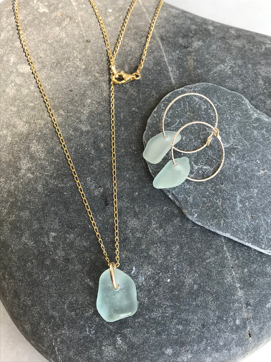 Unique Aqua Sea Glass Necklace And Earring Set, Boho Jewellery, Eco Jewellery 