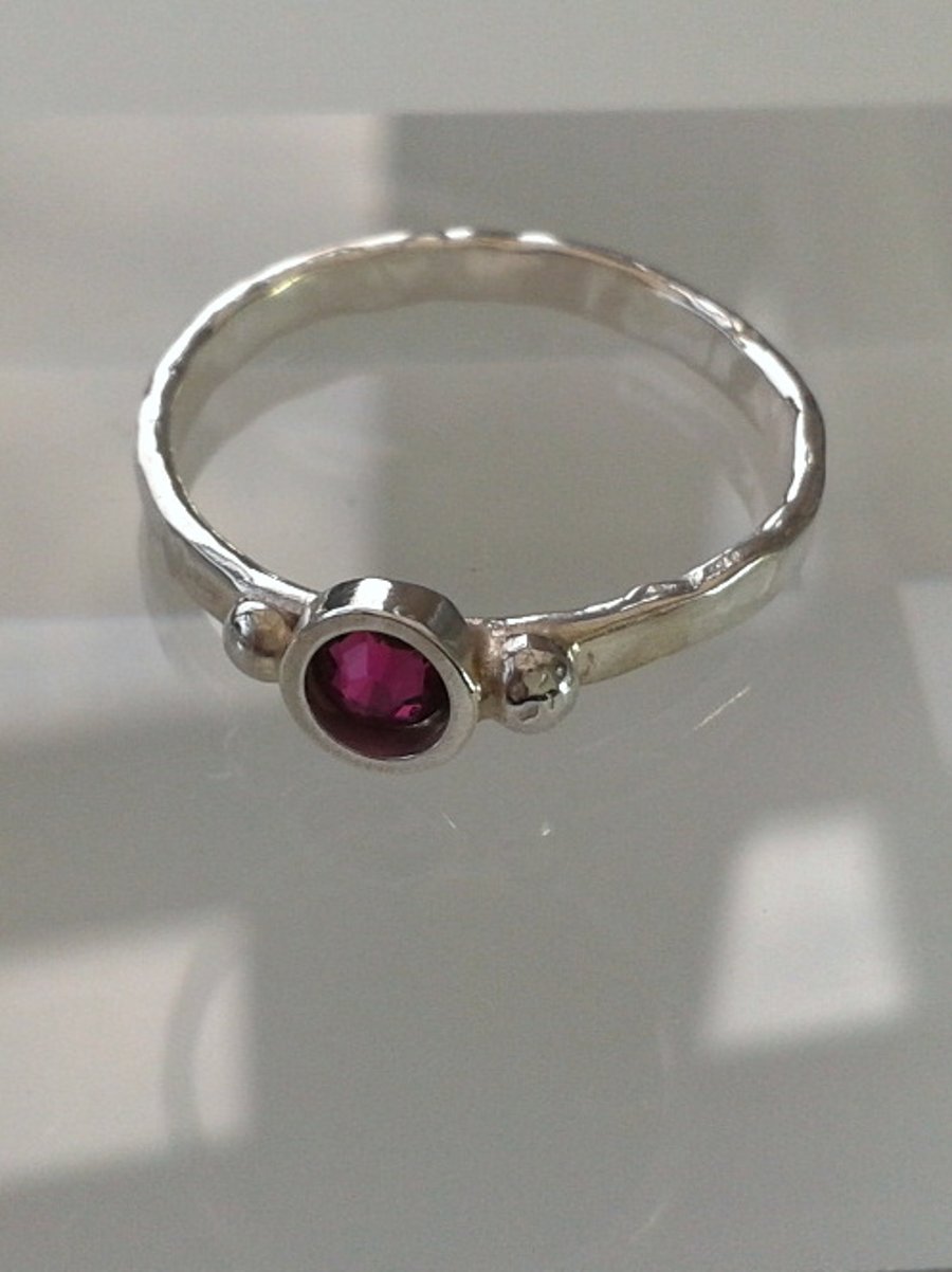 Silver Ring, Hammered, with Pink Swarovski Crystal