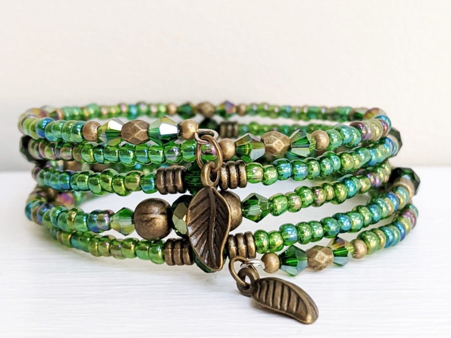 Memory Wire Bracelet in Green Rainbow, Coiled Wrap Bangle