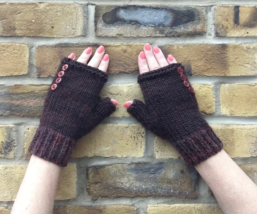 Fingerless gloves- Chocolate brown & button details- hand knitted wrist warmers 