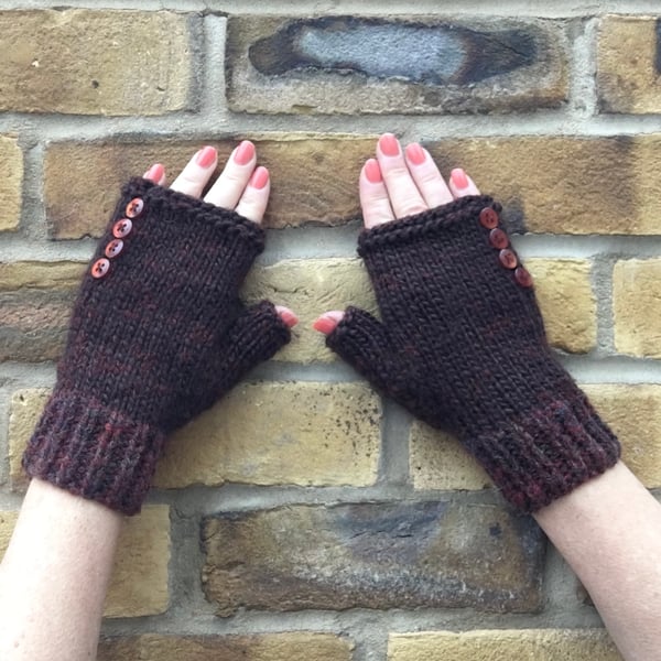 Fingerless gloves- Chocolate brown & button details- hand knitted wrist warmers 
