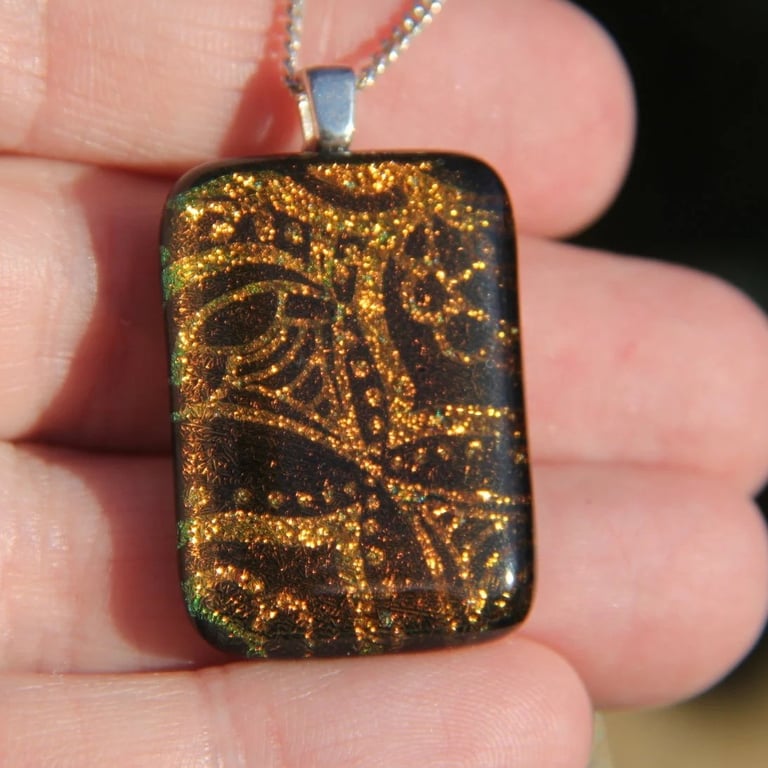 Orange Henna Pattern Dichroic Glass Pendant,  Fused Glass Necklace F29