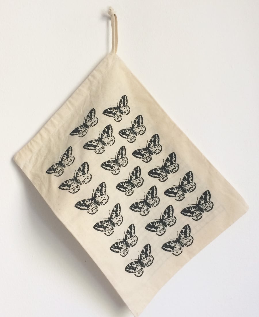 Moth pattern hand printed natural cotton small stuff bag drawstring bag 