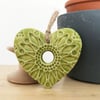 Small Ceramic heart hanging decoration Pottery Heart Folk art  Green