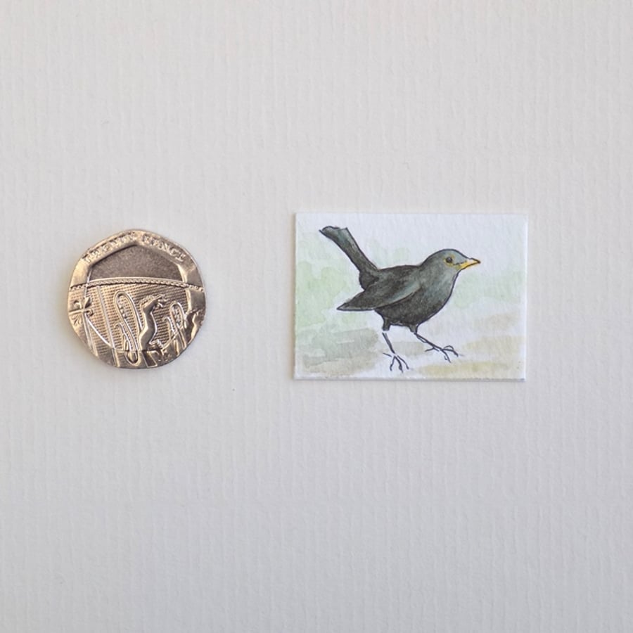 Miniature Watercolour Painting 'Blackbird' (2.5 cm x 3.5 cm)