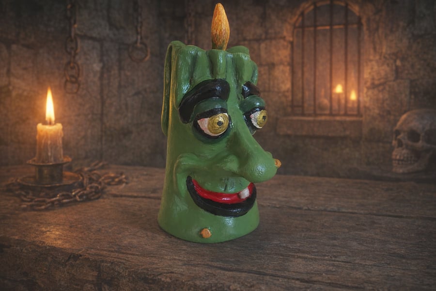 Spooky Green Fake Candle Character Hand Sculpted Air Dry Clay Ornament