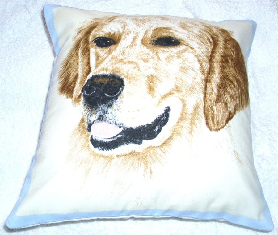 Portrait picture of a Golden Retriever facing forward cushion,