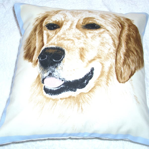 Portrait picture of a Golden Retriever facing forward cushion,