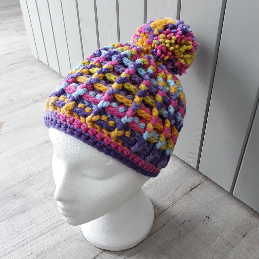 Multi colour crochet chunky pompom hat