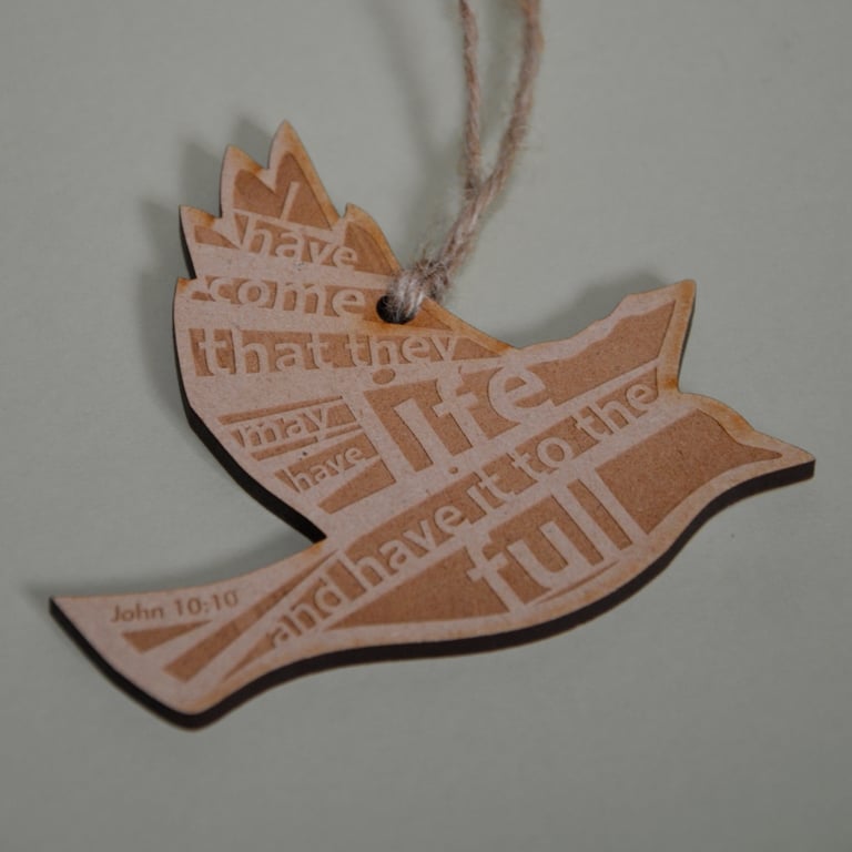 'Laser Tweet' - John 10:10 (wood, 10cm)