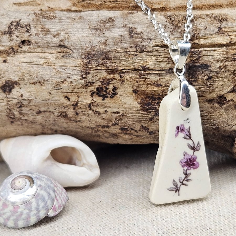 Image of Sterling Silver Sea Pottery Floral Necklace – Purple Flower