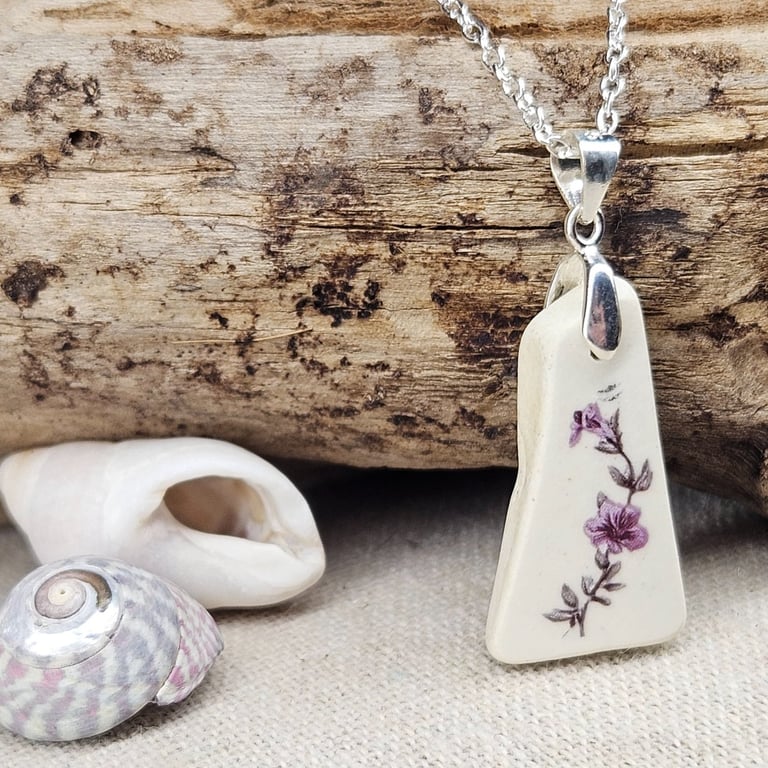 Sterling Silver Sea Pottery Floral Necklace – Purple Flower
