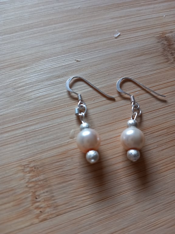 Pearl drop earrings with silver beads sterling silver cream ivory bridal wedding