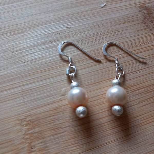 Pearl drop earrings with silver beads sterling silver cream ivory bridal wedding