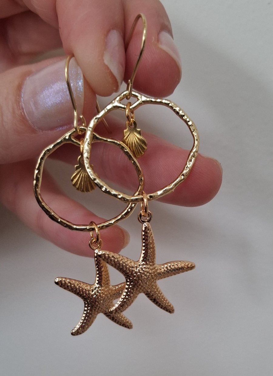 Starfish Seashell Drop Gold Earrings