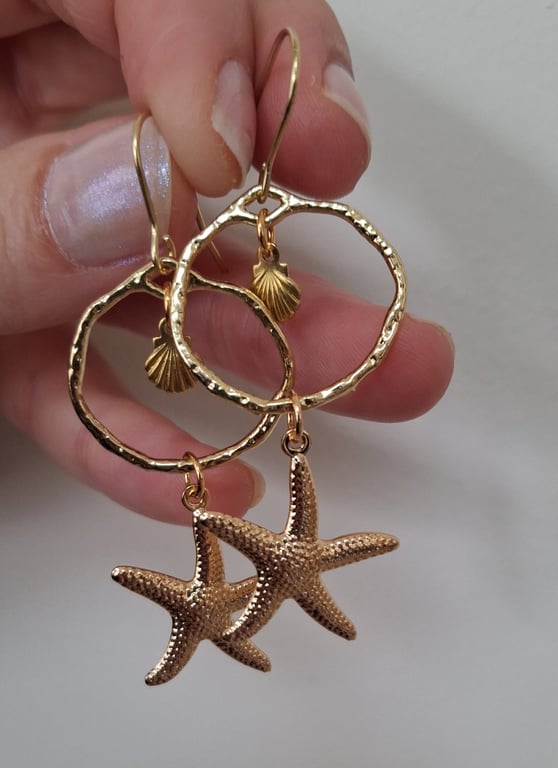 Starfish Seashell Drop Gold Earrings
