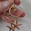Starfish Seashell Drop Gold Earrings