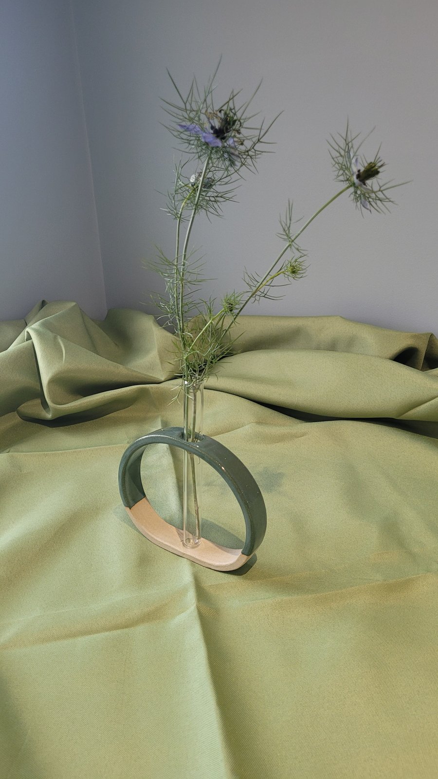 Green test tube stem vase handmade pottery
