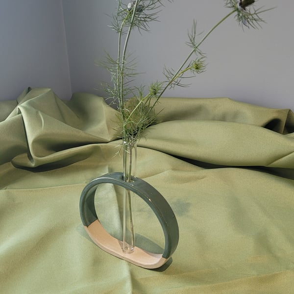Green test tube stem vase handmade pottery