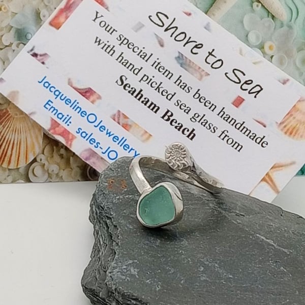Ammonite and sea glass ring sterling silver wrap ring seaham sea glass